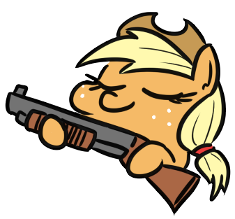 Size: 337x313 | Tagged: safe, artist:jargon scott, artist:mkogwheel, colorist:mkogwheel, derpibooru import, applejack, earth pony, pony, delet this, eyes closed, female, freckles, gun, hat, hoof hold, mare, pump action, shotgun, simple background, solo, transparent background, weapon