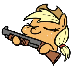 Size: 337x313 | Tagged: safe, artist:jargon scott, artist:mkogwheel, colorist:mkogwheel, derpibooru import, applejack, earth pony, pony, delet this, eyes closed, female, freckles, gun, hat, hoof hold, mare, pump action, shotgun, simple background, solo, transparent background, weapon