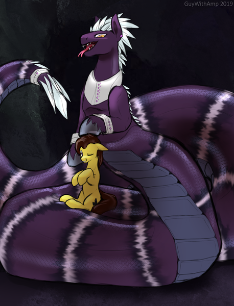 Size: 2212x2895 | Tagged: safe, artist:ampderg, derpibooru import, oc, oc:praetura amethyst, oc:terra, earth pony, lamia, original species, pony, subterranean pony, duo, forked tongue, male, nightmare night, size difference, stallion, thick tail, transformation