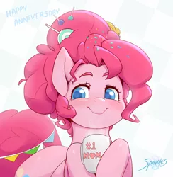 Size: 1170x1200 | Tagged: safe, artist:spindlesx, derpibooru import, pinkie pie, earth pony, pony, the last problem, adorable face, alternate hairstyle, anniversary, blushing, candy, chocolate, colored pupils, confetti, cute, cutie mark, diapinkes, female, food, happy, happy anniversary, heart eyes, hot chocolate, lollipop, mare, mlp fim's ninth anniversary, mug, older, older pinkie pie, rubber duck, smiling, solo, sprinkles, steam, wingding eyes