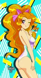 Size: 2141x4000 | Tagged: suggestive, artist:danmakuman, derpibooru import, adagio dazzle, human, equestria girls, '90s, adagio dat-azzle, anime, ass, bow, breasts, butt, clothes, digital art, female, hair bow, human coloration, humanized, jewelry, looking at you, necklace, one eye closed, one-piece swimsuit, peace sign, sailor moon, sexy, smiling, solo, stupid sexy adagio dazzle, swimsuit, thong swimsuit, wink