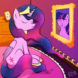 Size: 2048x2048 | Tagged: safe, artist:quicktimepony, derpibooru import, princess twilight 2.0, twilight sparkle, twilight sparkle (alicorn), alicorn, pony, unicorn, the last problem, carpet, crown, crying, eyes closed, happy, horn, jewelry, mirror, mlp fim's ninth anniversary, older, older twilight, regalia, signature, solo, wings