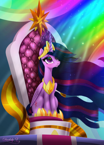 Size: 4550x6300 | Tagged: safe, artist:darksly, derpibooru import, princess twilight 2.0, twilight sparkle, twilight sparkle (alicorn), alicorn, pony, the last problem, absurd resolution, canterlot, crepuscular rays, crown, female, hoof shoes, jewelry, looking up, mare, older, older twilight, peytral, regalia, solo, throne