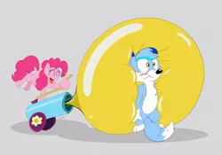 Size: 5768x4038 | Tagged: safe, artist:rupertbluefox, derpibooru import, pinkie pie, oc, oc:rupert the blue fox, earth pony, fox, balloon, blowing up balloons, blushing, female, furry, furry oc, inflation, male, mare, mlp fim's ninth anniversary, party cannon, silly, squished, wavy mouth