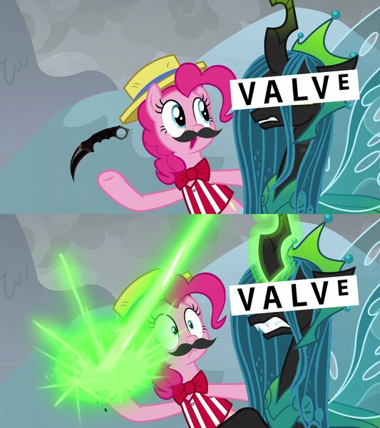 Size: 1920x2160 | Tagged: safe, derpibooru import, edit, edited screencap, screencap, pinkie pie, queen chrysalis, changeling, changeling queen, earth pony, pony, the ending of the end, chrysalis blasts things, counter-strike: global offensive, fake moustache, female, knife, meme, ultimate chrysalis, valve