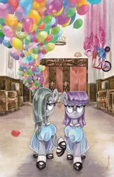 Size: 1158x1800 | Tagged: safe, artist:sararichard, derpibooru import, idw, official, danny torrance, marble pie, maud pie, pinkie pie, earth pony, pony, spoiler:comic, spoiler:comic86, balloon, cover, female, hallway, mare, the grady girls, the shining, tricycle, twins