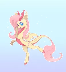 Size: 659x715 | Tagged: artist:vergolophus, derpibooru import, draconequified, draconequus, flutterequus, fluttershy, looking at you, safe, smiling, solo, species swap, spread wings, wingding eyes, wings