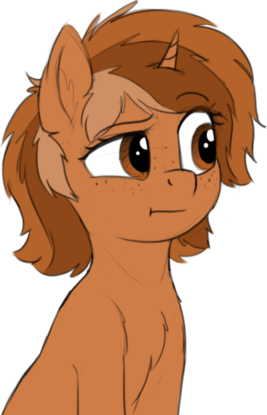 Size: 1140x1772 | Tagged: safe, artist:zippysqrl, derpibooru import, oc, oc:sign, unofficial characters only, pony, unicorn, :t, bust, chest fluff, colored sketch, ear fluff, female, freckles, looking to the right, raised eyebrow, simple background, sketch, solo, transparent background