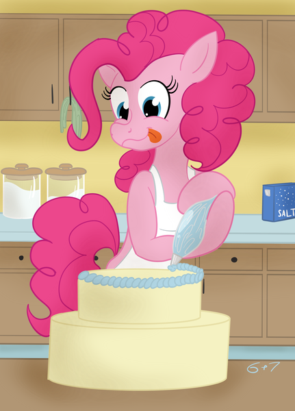 Size: 1755x2442 | Tagged: safe, artist:sixes&sevens, derpibooru import, pinkie pie, earth pony, pony, apron, bipedal, bipedal leaning, cabinet, cake, clothes, drawer, female, flour, food, icing bag, inktober, inktober 2019, kitchen, leaning, mare, salt, sugar (food), tongue out