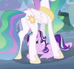 Size: 771x718 | Tagged: safe, derpibooru import, screencap, princess celestia, starlight glimmer, pony, the ending of the end, butt, cropped, laying on stomach, looking up, lying down, momlestia, out of context, plot, protecting, scorch mark, tallestia