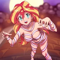 Size: 2600x2600 | Tagged: suggestive, artist:rockset, derpibooru import, sunset shimmer, human, equestria girls, adorasexy, anime, bandage, belly button, breasts, busty sunset shimmer, clothes, costume, cute, halloween, halloween costume, high res, holiday, human coloration, humanized, mummy, mummy costume, partial nudity, sexy, shimmerbetes, solo