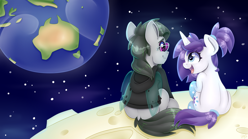 Size: 7680x4320 | Tagged: safe, artist:partylikeanartist, derpibooru import, oc, oc:faulty, oc:indigo wire, changeling, pony, unicorn, australia, aviator glasses, aviators, back, clothes, earth, faultigo, galaxy, glasses, gradient hooves, hoodie, moon, new zealand, oc x oc, planet, ponytail, ray ban, shade, shipping, space, stars, tail wrap, to the moon, youtube