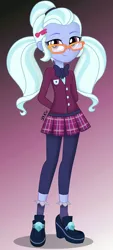 Size: 562x1244 | Tagged: safe, artist:diilaycc, derpibooru import, sugarcoat, equestria girls, friendship games, clothes, crystal prep academy uniform, cute, female, glasses, hands behind back, leggings, looking at you, pigtails, plaid skirt, pleated skirt, school uniform, skirt, smiling, solo, sugarcute, twintails