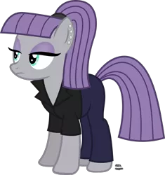 Size: 1335x1420 | Tagged: safe, artist:anime-equestria, derpibooru import, maud pie, earth pony, pony, alternate hairstyle, clothes, ear piercing, eyeshadow, female, hairband, jacket, jeans, makeup, pants, piercing, ponytail, simple background, solo, transparent background, vector