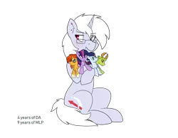 Size: 1013x788 | Tagged: safe, artist:pillowsword, derpibooru import, oc, oc:zenith gale, pony, unicorn, albino, blushing, ear piercing, earring, glasses, jewelry, piercing, plushie, sitting