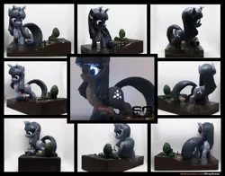 Size: 2718x2132 | Tagged: artist:prodius, boat, commission, craft, derpibooru import, female, figurine, glowing cutie mark, glowing eyes, irl, kaiju, kaiju pony, macro, oc, oc:orchid, photo, pier, safe, sculpey, sculpture, solo, standing in water, traditional art, tree, unofficial characters only