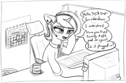 Size: 1673x1105 | Tagged: safe, artist:zippysqrl, derpibooru import, oc, oc:lilith, unofficial characters only, pony, unicorn, calendar, computer, computer desk, computer mouse, computer screen, desk, dialogue, earpiece, female, freckles, grayscale, hell, hoof on cheek, i hate mondays, it crowd, keyboard, leaning, lidded eyes, monochrome, mug, necktie, office, office chair, open mouth, sketch, solo, speech bubble, sticky note, tech support, tired
