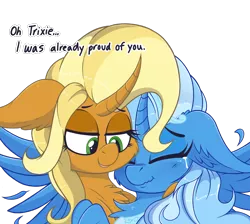 Size: 1298x1165 | Tagged: safe, artist:dragonpone, derpibooru import, sunflower spectacle, trixie, alicorn, pony, unicorn, alicornified, cheek fluff, chest fluff, crying, curved horn, dialogue, duo, ear fluff, end of ponies, eyes closed, feather, female, horn, hug, jewelry, lidded eyes, mare, mlp fim's ninth anniversary, mother and child, mother and daughter, nose wrinkle, princess of humility, race swap, regalia, simple background, smiling, spread wings, tears of joy, transparent background, trixiecorn, wavy mouth, wings