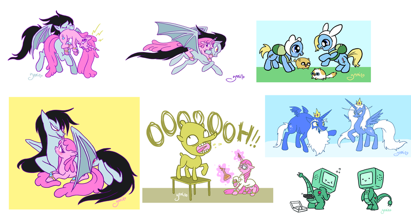 Size: 2512x1323 | Tagged: safe, artist:yamino, derpibooru import, ponified, bat pony, pony, adventure time, bmo, finn the human, fionna the human, ice king, ice queen, lemongrab, marceline, mouth hold, princess bubblegum