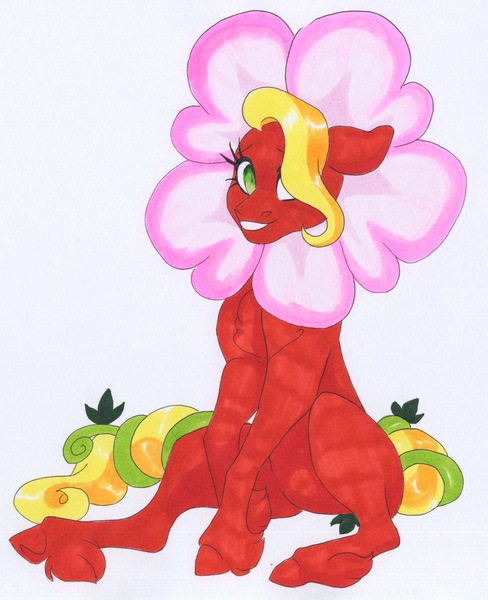 Size: 2412x2968 | Tagged: safe, artist:frozensoulpony, derpibooru import, oc, oc:sweet bailey, earth pony, pony, female, flower costume, mare, offspring, parent:applejack, parent:jet set, parents:applejet, solo, traditional art