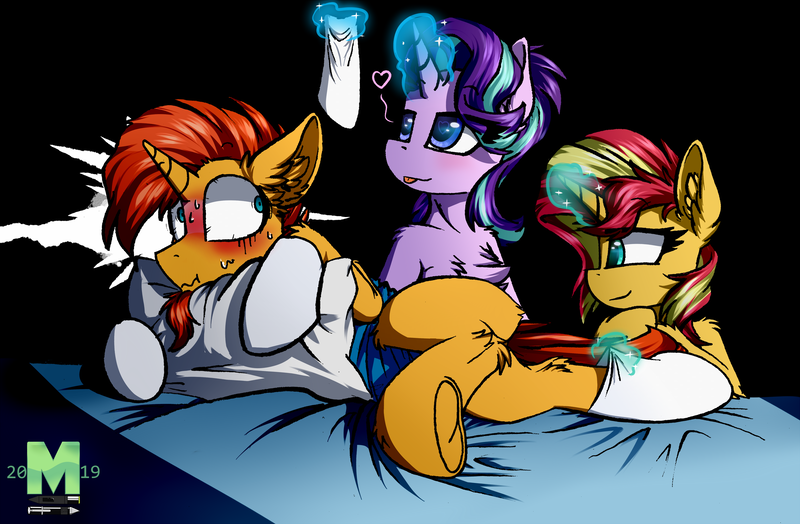 Size: 2828x1852 | Tagged: safe, artist:movieskywalker, derpibooru import, starlight glimmer, stellar flare, sunburst, sunset shimmer, pony, unicorn, bed, bedroom eyes, blushing, brother and sister, caught, chest fluff, clothes, dark background, female, fluffy, frog (hoof), hooves, incest, laying on bed, magic, male, mother and son, on bed, pillow, red face, scared, shimmerburst, shipping, siblings, socks, socks (coat marking), starburst, straight, suncest, suncest shimmer, sunny siblings, sweat, tongue out, underhoof