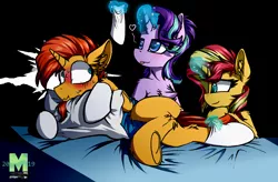Size: 2828x1852 | Tagged: safe, artist:movieskywalker, derpibooru import, starlight glimmer, stellar flare, sunburst, sunset shimmer, pony, unicorn, bed, bedroom eyes, blushing, brother and sister, caught, chest fluff, clothes, dark background, female, fluffy, frog (hoof), hooves, incest, laying on bed, magic, male, mother and son, on bed, pillow, red face, scared, shimmerburst, shipping, siblings, socks, socks (coat marking), starburst, straight, suncest, suncest shimmer, sunny siblings, sweat, tongue out, underhoof