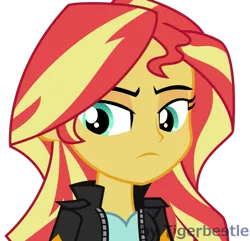 Size: 911x878 | Tagged: safe, artist:tigerbeetle, derpibooru import, sunset shimmer, equestria girls, equestria girls series, my past is not today, clothes, decision, jacket, lightly watermarked, looking back, looking down, serious, serious face, simple background, solo, sunset shimmer is not amused, transparent background, unamused, watermark