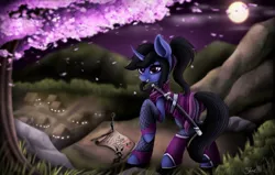 Size: 1121x713 | Tagged: safe, artist:hoodiefoxy, derpibooru import, oc, oc:shiruku yoru, unofficial characters only, pony, unicorn, cherry blossoms, fishnet clothing, flower, flower blossom, full moon, katana, kunai, leaves, moon, night, ninja, scenery, shuriken, solo, sword, tree, village, weapon