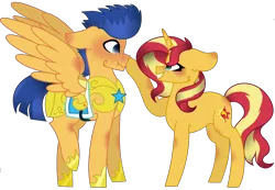 Size: 1076x743 | Tagged: safe, artist:mathisnotmy, derpibooru import, flash sentry, sunset shimmer, pegasus, pony, unicorn, blushing, boop, cute, ear fluff, female, flashimmer, floppy ears, male, mare, scrunchy face, shipping, simple background, spread wings, stallion, straight, transparent background, wings
