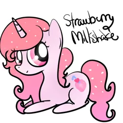 Size: 500x500 | Tagged: safe, artist:wisheslotus, derpibooru import, oc, oc:strawberry milkshake, unofficial characters only, pony, unicorn, ethereal mane, female, horn, mare, prone, simple background, solo, starry mane, unicorn oc, white background