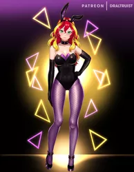 Size: 930x1200 | Tagged: suggestive, artist:draltruist, derpibooru import, sunset shimmer, equestria girls, animal costume, anime, breasts, bunny ears, bunny suit, clothes, commission, costume, evening gloves, female, gloves, high heels, leotard, long gloves, looking at you, pantyhose, shoes, socks, solo, solo female, stockings, thigh highs