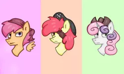 Size: 1362x818 | Tagged: safe, artist:hunterthewastelander, derpibooru import, apple bloom, scootaloo, sweetie belle, earth pony, pegasus, pony, unicorn, bandana, bust, cutie mark crusaders, eyepatch, female, filly, floating wings, frown, hat, palindrome get, pirate, pirate hat, wings