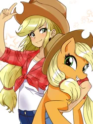 Size: 1200x1600 | Tagged: safe, artist:menko_e, derpibooru import, kotobukiya, applejack, human, pony, anime, cute, female, human ponidox, humanized, jackabetes, kotobukiya applejack, pixiv, self ponidox, simple background, smiling, stars, white background