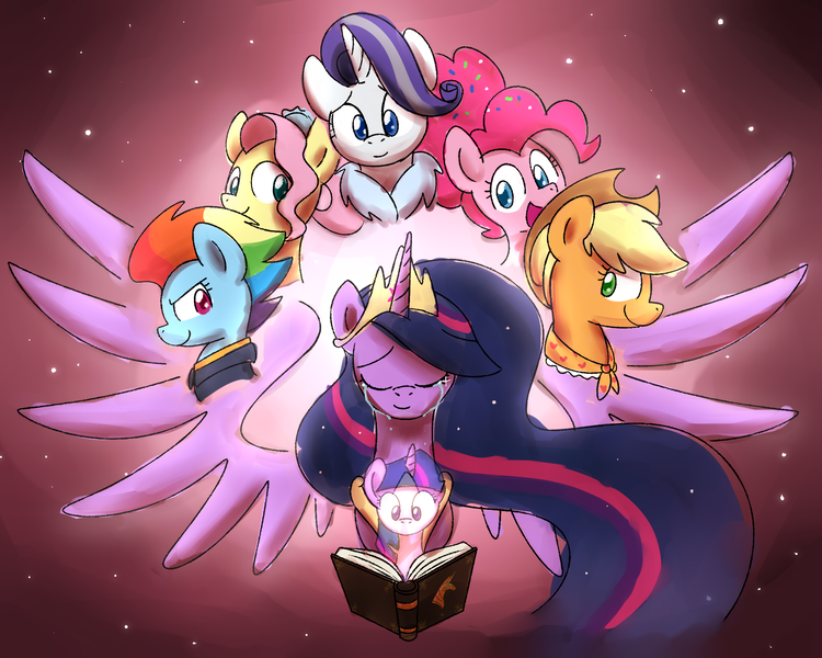 Size: 2560x2048 | Tagged: safe, artist:sugar morning, derpibooru import, applejack, fluttershy, pinkie pie, princess twilight 2.0, rainbow dash, rarity, twilight sparkle, twilight sparkle (alicorn), alicorn, earth pony, pegasus, pony, unicorn, the last problem, book, bust, crying, cute, doodle, mane six, mlp fim's ninth anniversary, older, older applejack, older fluttershy, older mane six, older pinkie pie, older rainbow dash, older rarity, older twilight, portrait, sketch, spread wings, stars, unicorn twilight, wings