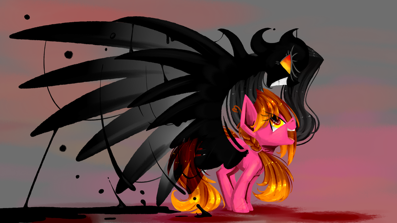 Size: 3309x1861 | Tagged: semi-grimdark, artist:lixthefork, derpibooru import, oc, oc:lix, unofficial characters only, demon, pony, abstract background, ahegao, blood, duo, eye clipping through hair, eyes rolling back, glowing eyes, monster mare, open mouth, possession, smiling, smirk, tongue out, wings