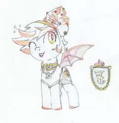 Size: 2882x2986 | Tagged: safe, artist:foxtrot3, derpibooru import, oc, oc:bacchanalia, unofficial characters only, bat pony, chains, clothes, collar, cutie mark, hairband, lock, one eye closed, party pony, smiling, wink