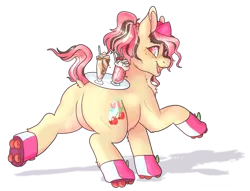 Size: 3686x2820 | Tagged: safe, artist:cosmichorse, derpibooru import, oc, oc:vanilla milkskate, unofficial characters only, earth pony, pony, blushing, chubby, cute, female, food, freckles, mare, milkshake, pastel, pink, roller skates, simple background, solo, transparent background