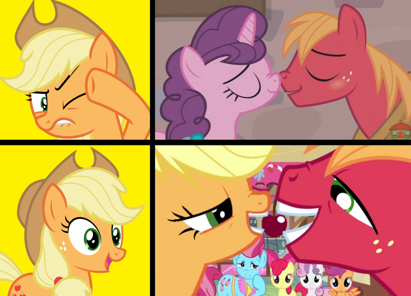 Size: 1784x1284 | Tagged: safe, derpibooru import, edit, edited screencap, screencap, apple bloom, applejack, big macintosh, cup cake, scootaloo, sugar belle, sweetie belle, pony, hard to say anything, hearts and hooves day (episode), alabama, applecest, applemac, comparison, cutie mark crusaders, female, hotline bling, incest, male, meme, shipping, straight, sugarmac, treehouse logo
