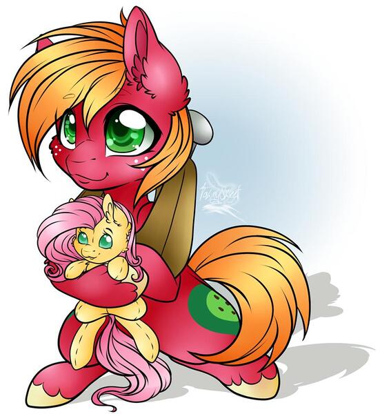 Size: 882x960 | Tagged: safe, artist:tawnysweet, derpibooru import, big macintosh, fluttershy, earth pony, pony, crush plush, female, fluttershy plushie, freckles, implied fluttermac, implied shipping, implied straight, male, mare, plushie, solo, stallion, unshorn fetlocks, yoke