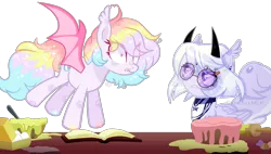 Size: 3371x1915 | Tagged: safe, artist:darkjillmlp123, artist:sugaryicecreammlp, derpibooru import, oc, oc:lunar party, unofficial characters only, bat pony, pegasus, pony, bat pony oc, bat wings, batter, cake, egg, eye clipping through hair, female, food, horns, mare, multicolored hair, rainbow hair, scrunchy face, simple background, transparent background, wings