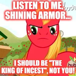 Size: 500x500 | Tagged: safe, derpibooru import, edit, edited screencap, screencap, big macintosh, earth pony, pony, pinkie apple pie, caption, cropped, hub logo, image macro, implied incest, implied shining armor, male, meme, solo, stallion, text, the hub