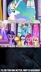 Size: 1898x3285 | Tagged: safe, derpibooru import, edit, edited screencap, screencap, applejack, discord, fluttershy, pinkie pie, princess celestia, princess luna, rainbow dash, rarity, twilight sparkle, alicorn, earth pony, pegasus, pony, unicorn, the return of harmony, caption, dialogue, drax the destroyer, female, flower, image macro, infinity war, mane six, mare, marvel, meme, movie, pillar, stained glass, text, unicorn twilight, window