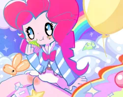 Size: 580x460 | Tagged: safe, artist:youhoujou, derpibooru import, pinkie pie, equestria girls, balloon, balloon animal, blushing, cloud, cupcake, cute, diapinkes, eating, female, food, heart eyes, rainbow, sitting, solo, stars, wingding eyes