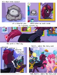 Size: 720x937 | Tagged: safe, artist:texasuberalles, derpibooru import, idw, applejack, capper dapperpaws, glitter drops, grubber, pinkie pie, princess luna, rainbow dash, storm king, stygian, tempest shadow, trixie, alicorn, anthro, earth pony, pegasus, pony, unicorn, my little pony: the movie, nightmare knights, spoiler:comic, applejack's hat, balloon, broken horn, cape, clothes, cloven hooves, colored hooves, comic, cowboy hat, ear piercing, earring, eye scar, female, flower, flying, hat, hawaiian shirt, horn, jewelry, lyrics, male, mare, mirror, mlp fim's ninth anniversary, piercing, scar, scarf, shirt, smiling, text, top hat