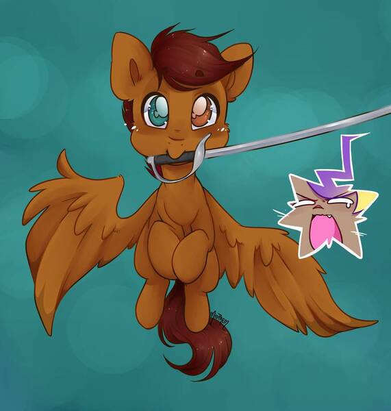 Size: 872x916 | Tagged: safe, artist:midnightpremiere, derpibooru import, oc, oc:hors, oc:sparrow, pegasus, pony, flying, gradient background, heterochromia, mouth hold, sword, weapon