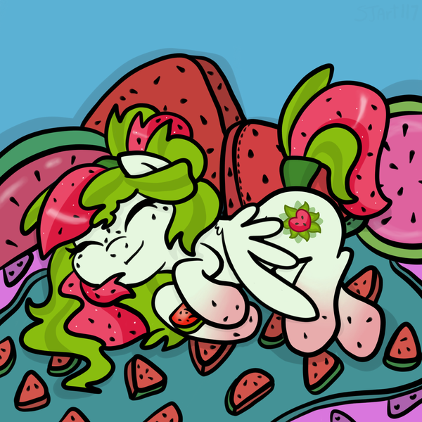 Size: 2100x2100 | Tagged: safe, artist:sjart117, derpibooru import, oc, oc:watermelana, unofficial characters only, pegasus, pony, bed, blanket, comfy, eyes closed, female, food, freckles, gradient hooves, mare, melon, pillow, plushie, sleeping, smiling, solo, squishy, squishy cheeks, towel, watermelon, wings