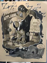 Size: 1536x2048 | Tagged: safe, artist:andypriceart, derpibooru import, octavia melody, pony, bed, bipedal, book, dream, drool, eyes closed, flower, grayscale, monochrome, onomatopoeia, pillow, rose, sleep talking, sleeping, sound effects, traditional art, zzz
