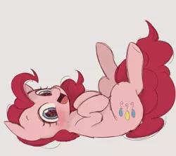 Size: 974x866 | Tagged: safe, artist:manachaaaaaaaa, derpibooru import, pinkie pie, pony, blushing, cute, diapinkes, gray background, legs in air, on back, open mouth, pixiv, simple background, solo