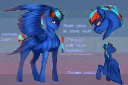 Size: 980x654 | Tagged: safe, artist:kitmurade, derpibooru import, oc, oc:hellfire, pegasus, pony, blue fur, colt, cyrillic, foal, future, head, male, red eyes, reference, reference sheet, russian, science fiction, smiling, tongue out, visor, wings, young