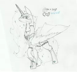 Size: 4120x3882 | Tagged: alternate design, alternate timeline, armor, artist:foxtrot3, chains, clothes, derpibooru import, fusion, heart, hybrid wings, jewelry, necklace, oc, oc:cj, oc:lovestruck, pegasus unicorn, perfume mane, safe, shoes, solo, traditional art, unofficial characters only, wings